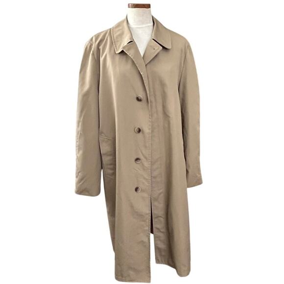 London Towne Mens Trench Coat 42L Zip Out Faux Fur Liner Khaki Vintage 70s Prep